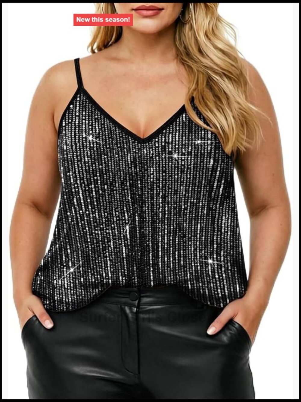 Plus Size Sequin Tank Top Women V Neck Glitter Sleeveless Party Sparkle Camisole